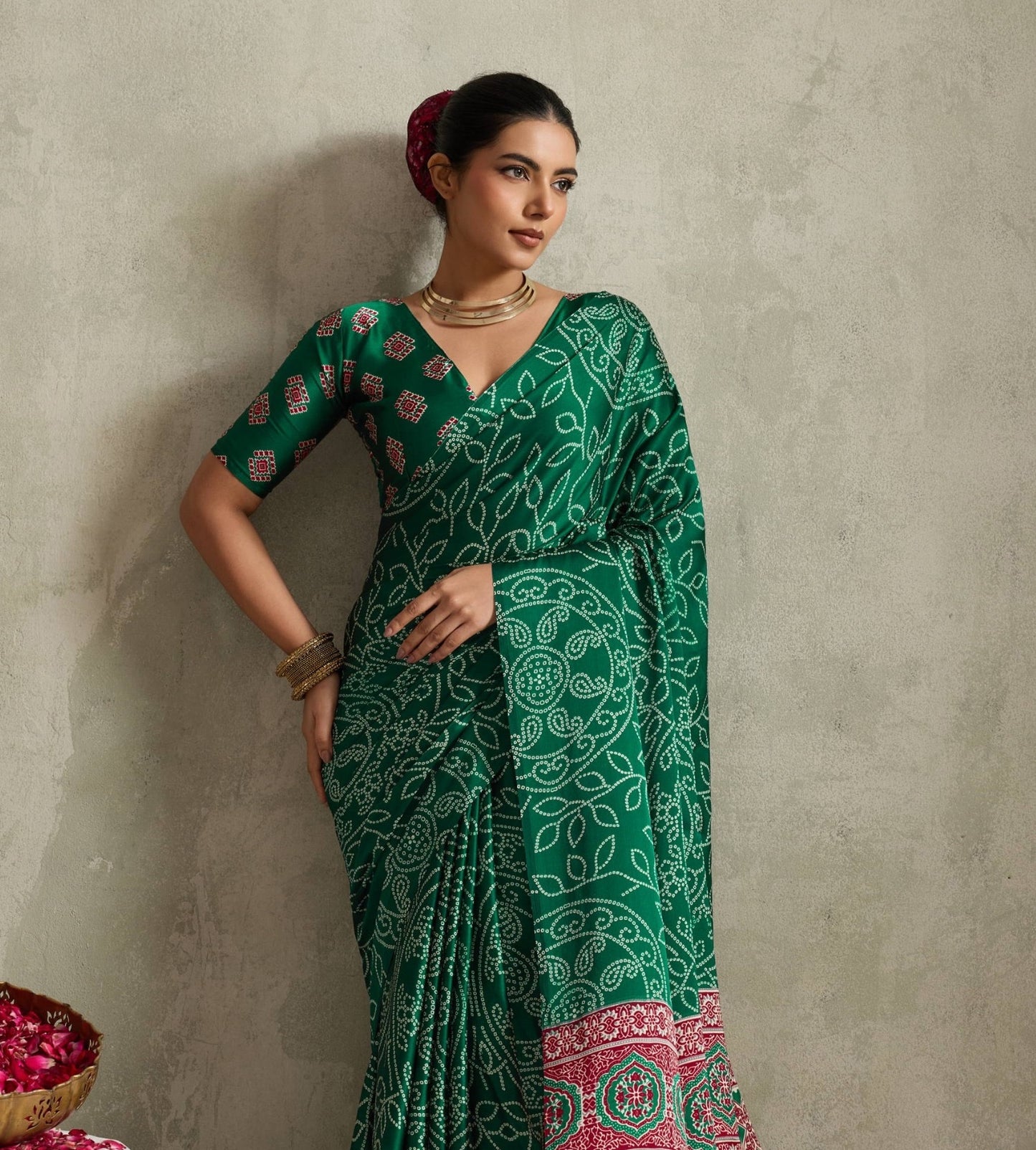 Green Crepe Silk Readymade/Easy Saree