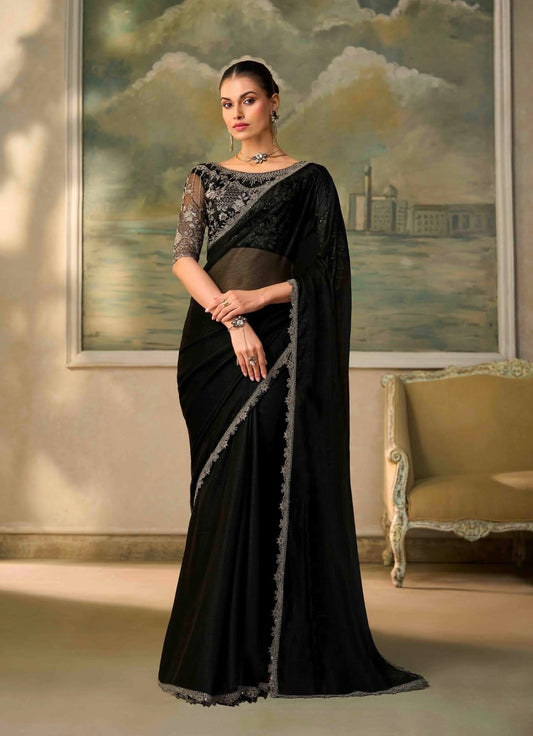 Black ready-to-wear saree with silver patterned border and blouse