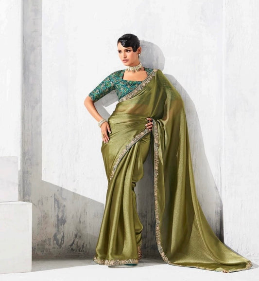 Green Tissue Silk Readymade/Easy Saree