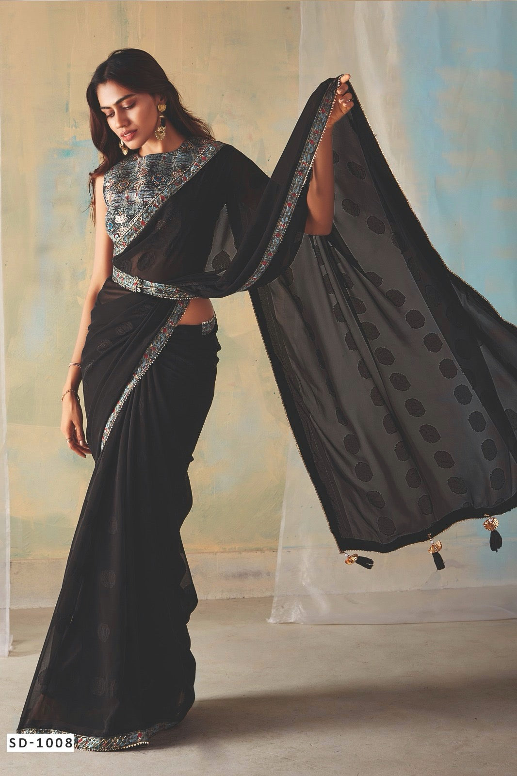 Black Color Georgette Readymade Saree