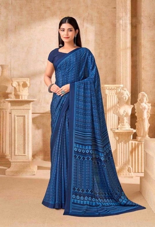 Royal blue crepe silk easy saree with geometric border and draped pallu
