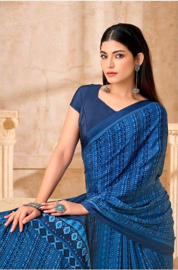 Royal Blue Crepe Silk Ready To Wear/Easy Saree by Stylebypanaash 