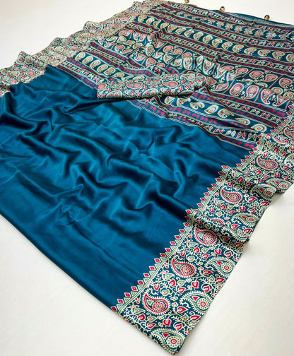 Turquoise Readymade Crepe Ajrakh Silk Saree