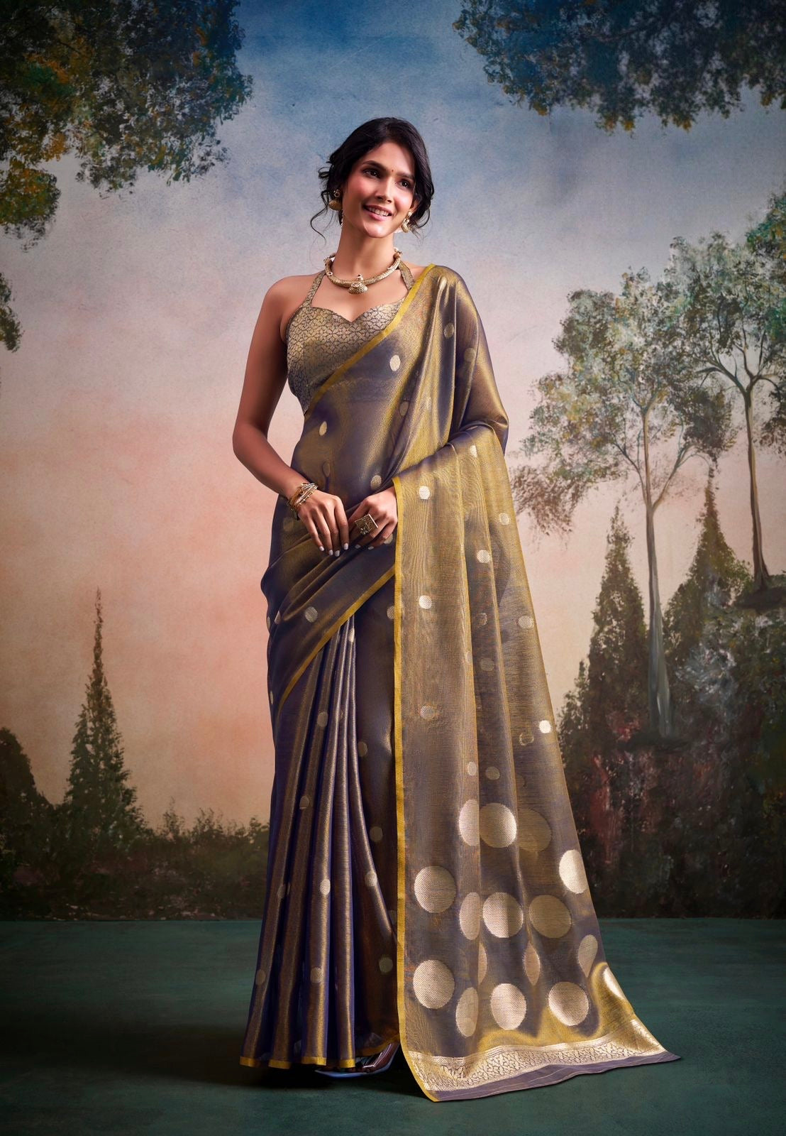 Steel Grey Tissue Silk Readymade/Easy Saree - Panaash Saree