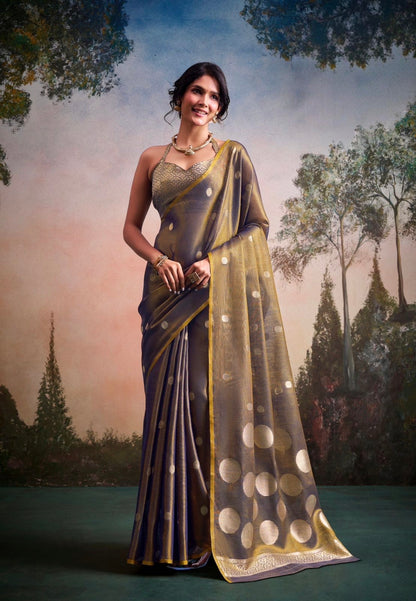 Steel Grey Tissue Silk Readymade/Easy Saree - Panaash Saree