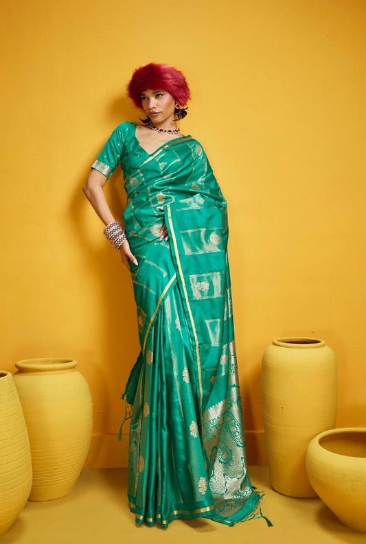 Teal Green Satin Silk Ready to wear/Easy Saree - Panaash Saree