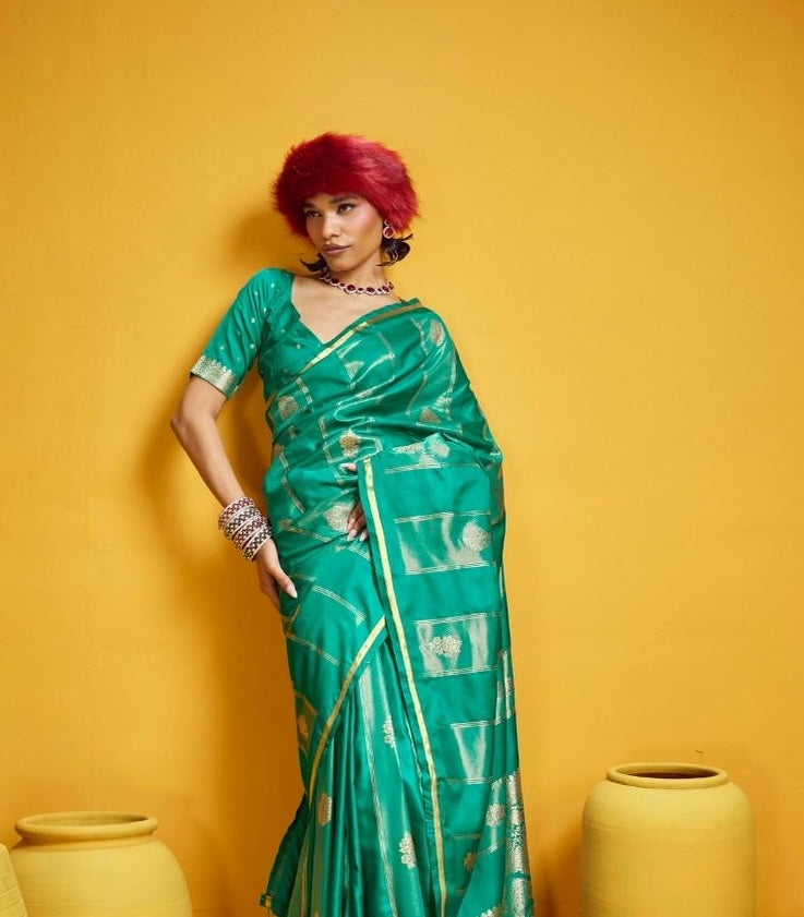 Teal Green Satin Silk Ready to wear/Easy Saree - Panaash Saree