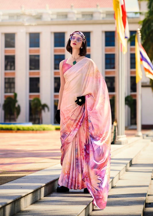 Pink Crepe Silk Ready To Wear/Easy Saree