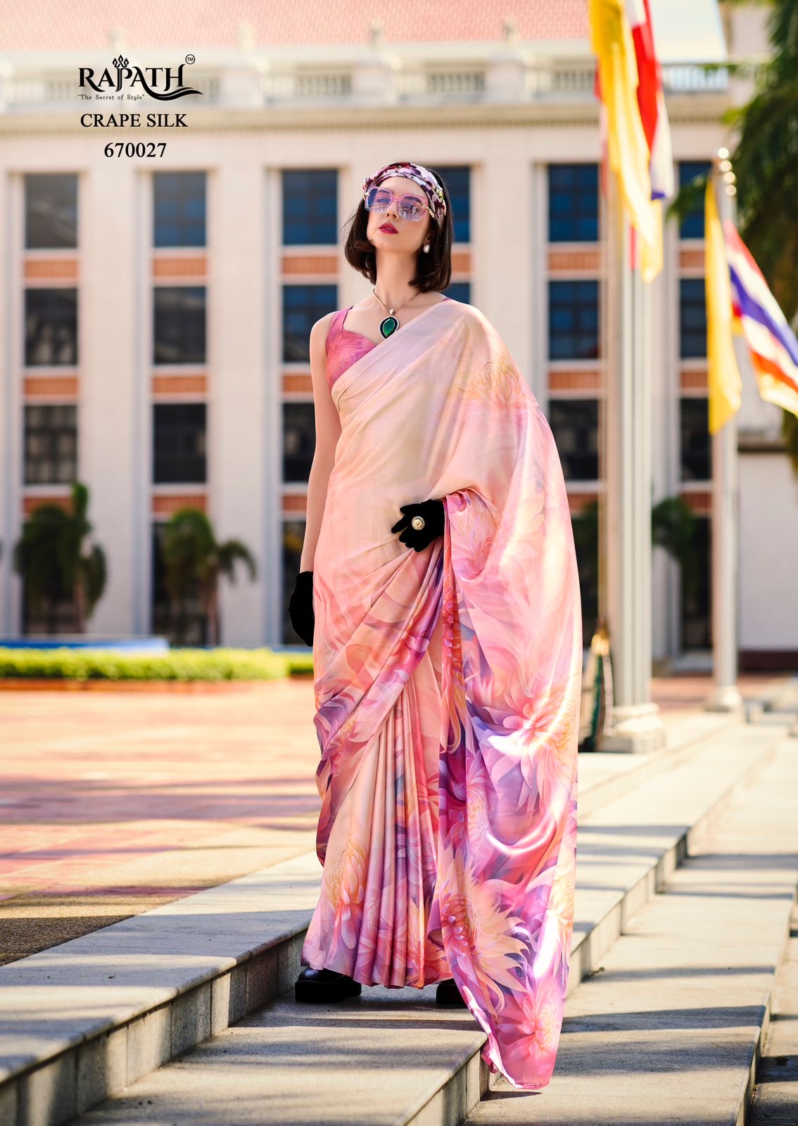 Pink Crepe Silk Ready To Wear/Easy Saree