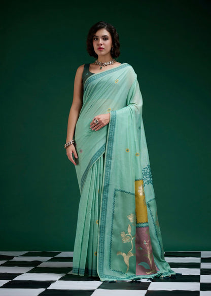 Mint Green Mul Cotton Ready To Wear/Easy Saree - Panaash Saree