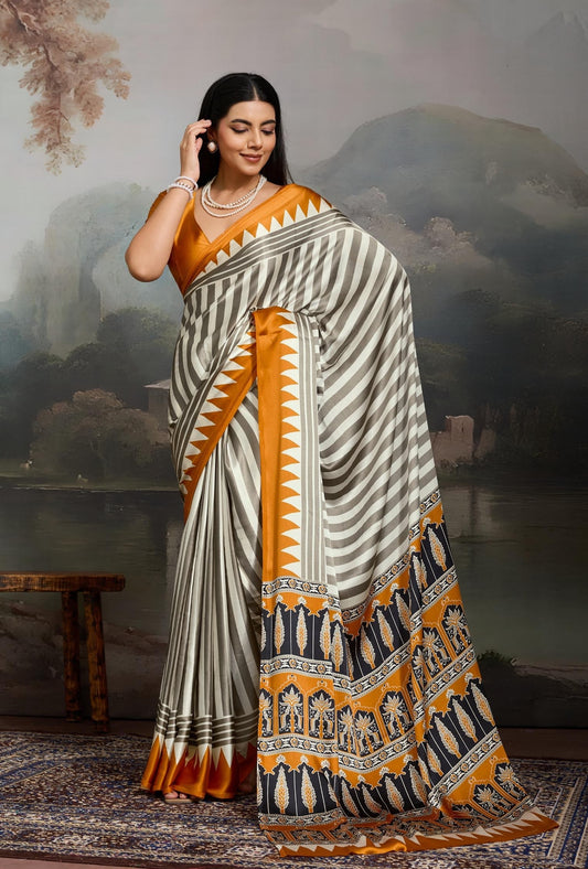 Mustard Stripe Crepe Silk Readymade/Easy Saree