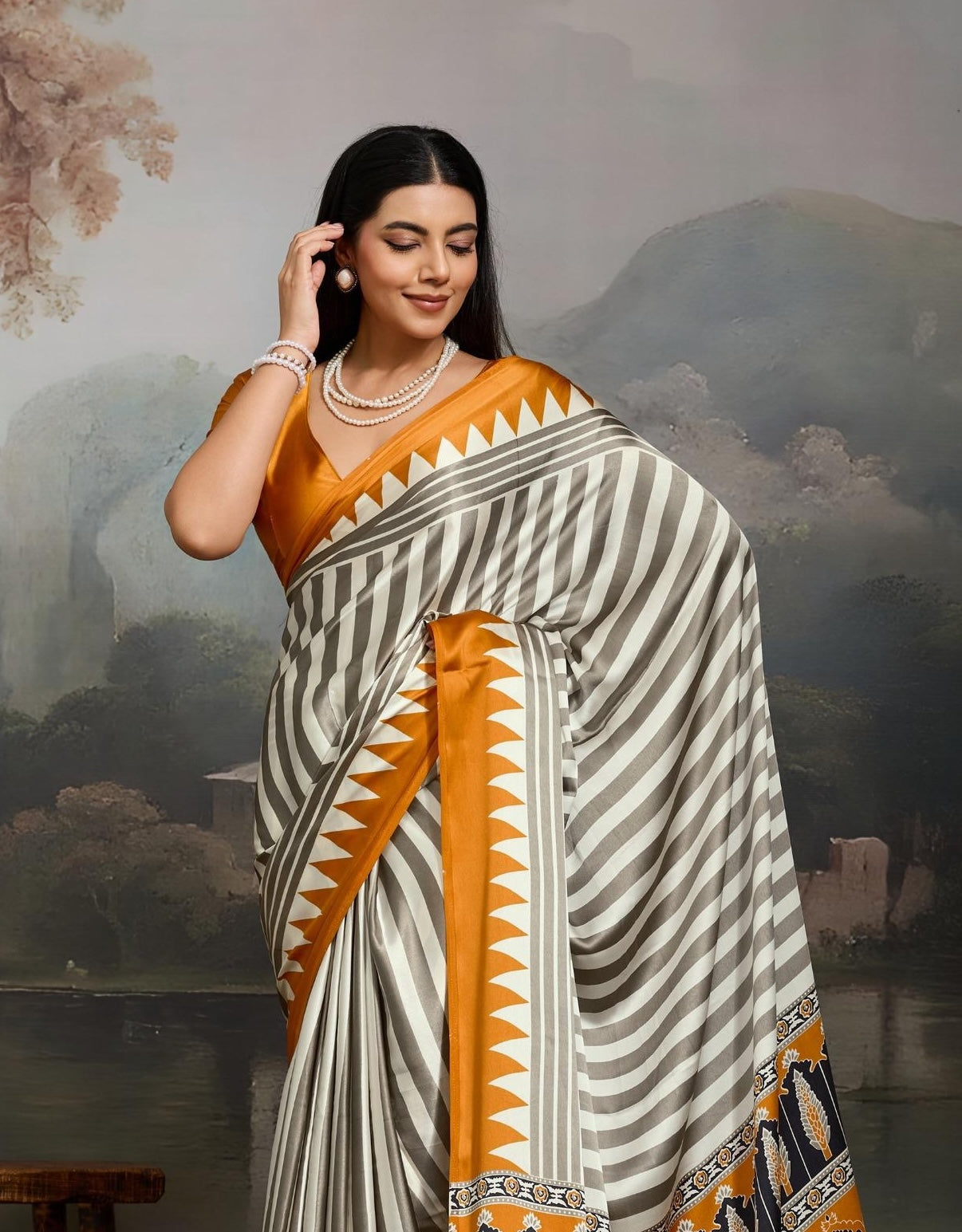 Mustard Stripe Crepe Silk Readymade/Easy Saree