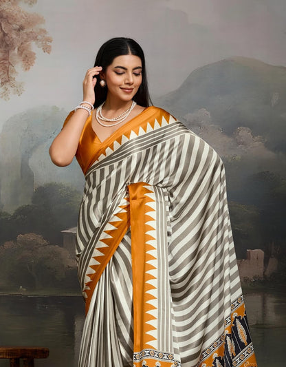Mustard Stripe Crepe Silk Readymade/Easy Saree