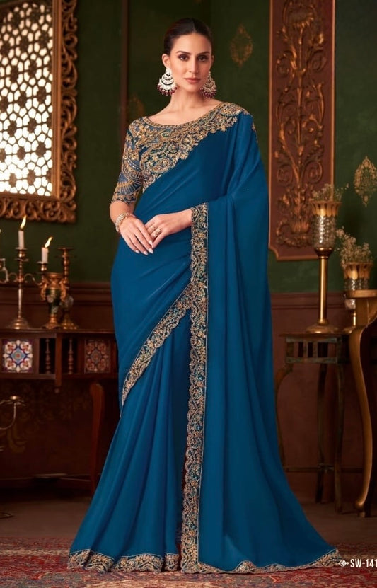 Navy Blue Cocktail Party Wear Readymade Saree