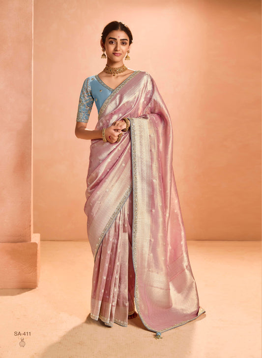 Pastel Pink Color Designer Kanjivaram Silk Readymade/Easy Saree With Desiger Blouse Piece