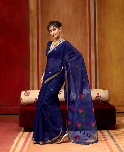 Royal Blue Cotton Readymade/Easy Saree