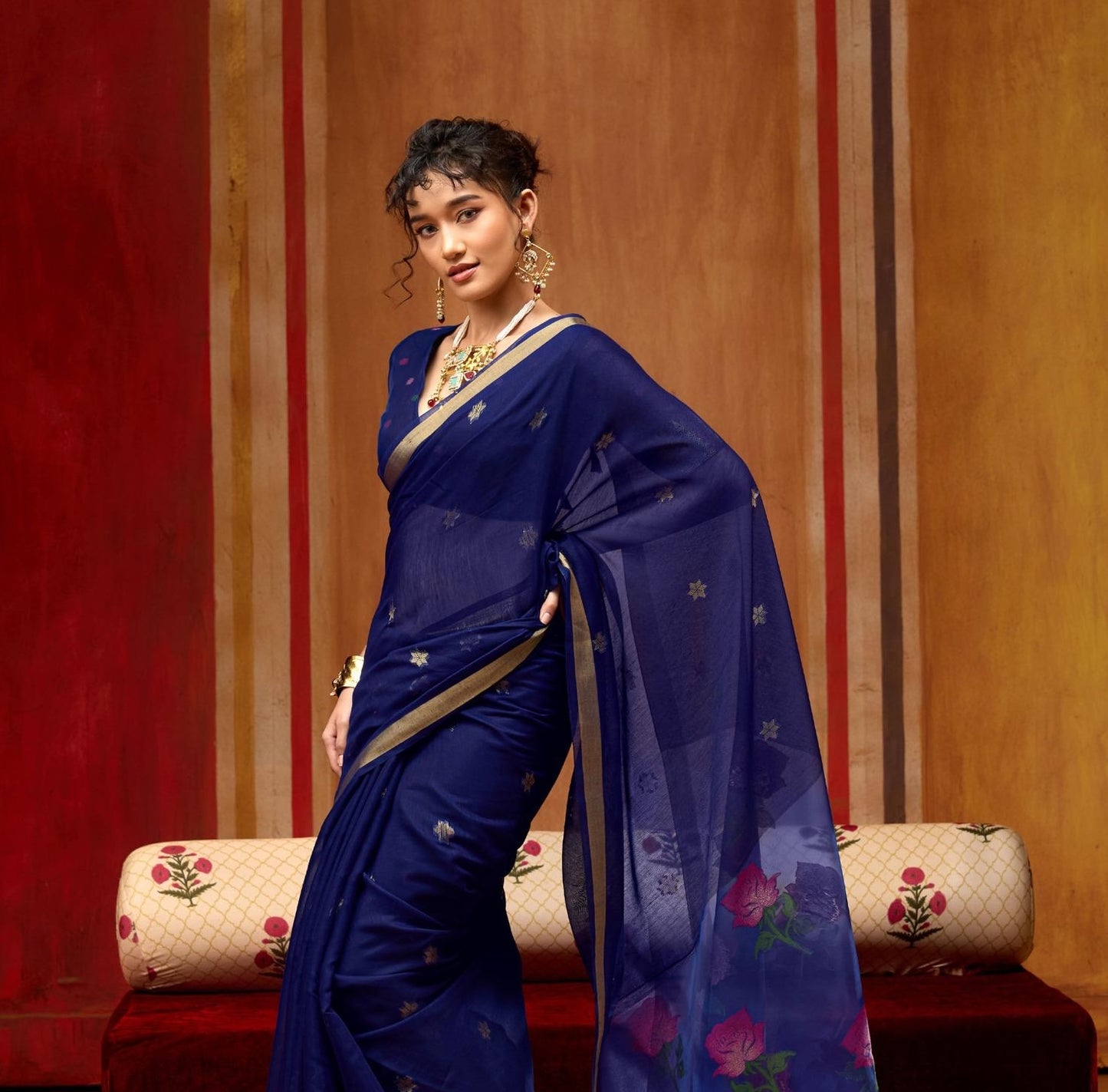 Royal Blue Cotton Readymade/Easy Saree