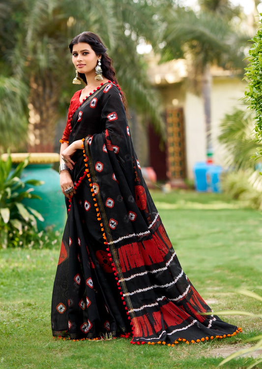 Black & Red Mul Mul Cotton Easy/Readymade Saree