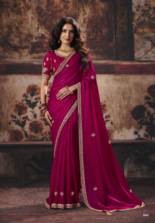 Deep magenta silk ready-to-wear saree with gold border and embroidered 3/4 sleeves