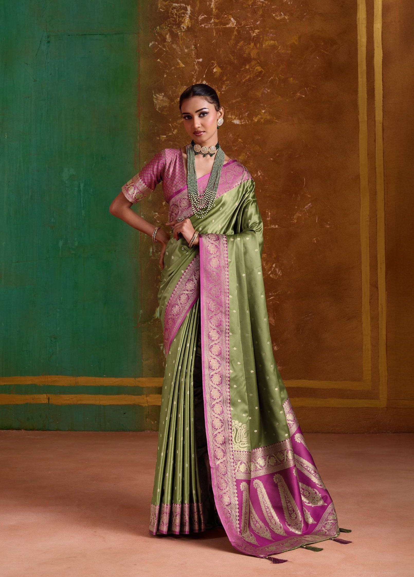 Olive Green Satin Silk Readymade/Easy Saree - Panaash Saree
