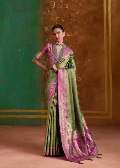 Olive Green Satin Silk Readymade/Easy Saree - Panaash Saree