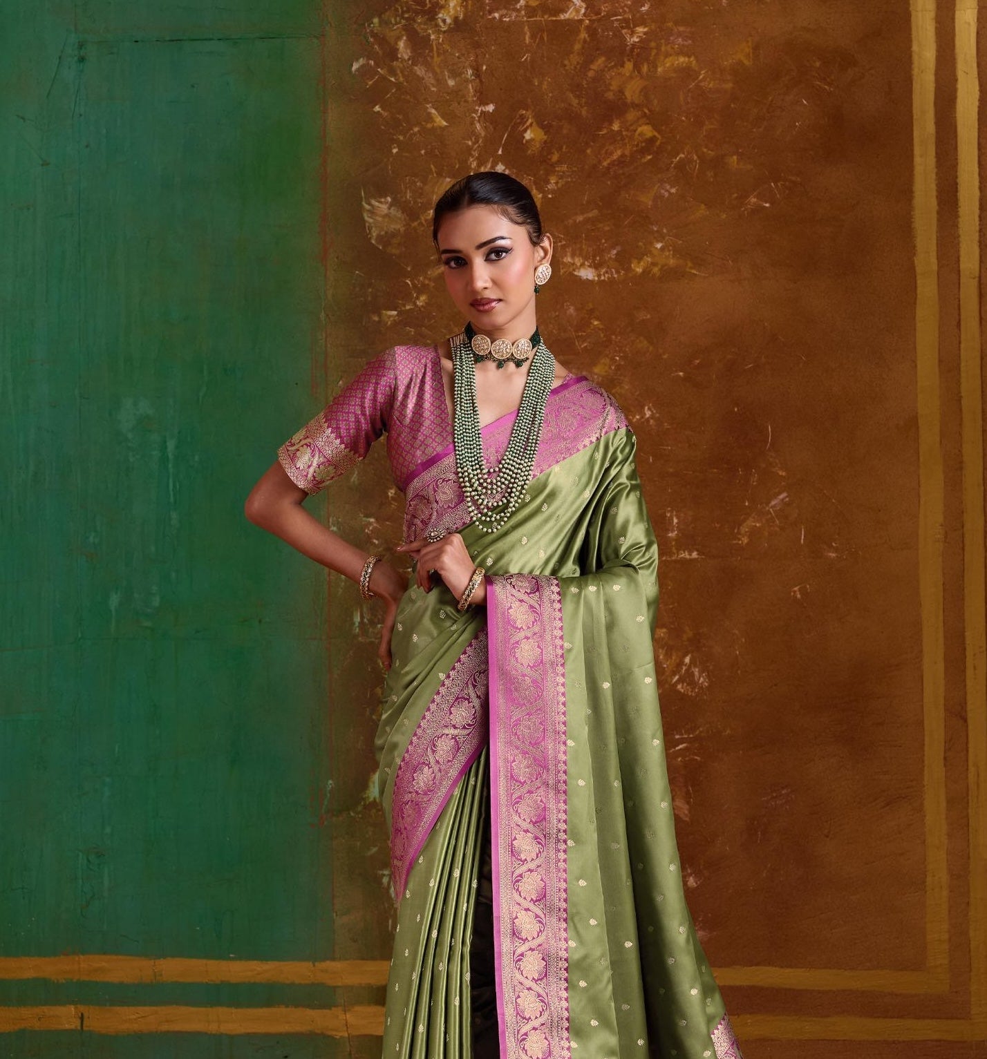 Olive Green Satin Silk Readymade/Easy Saree - Panaash Saree