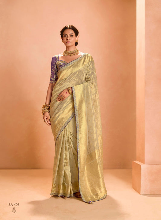 Golden Color Designer Kanjivaram Silk Readymade/Easy Saree With Desiger Blouse Piece