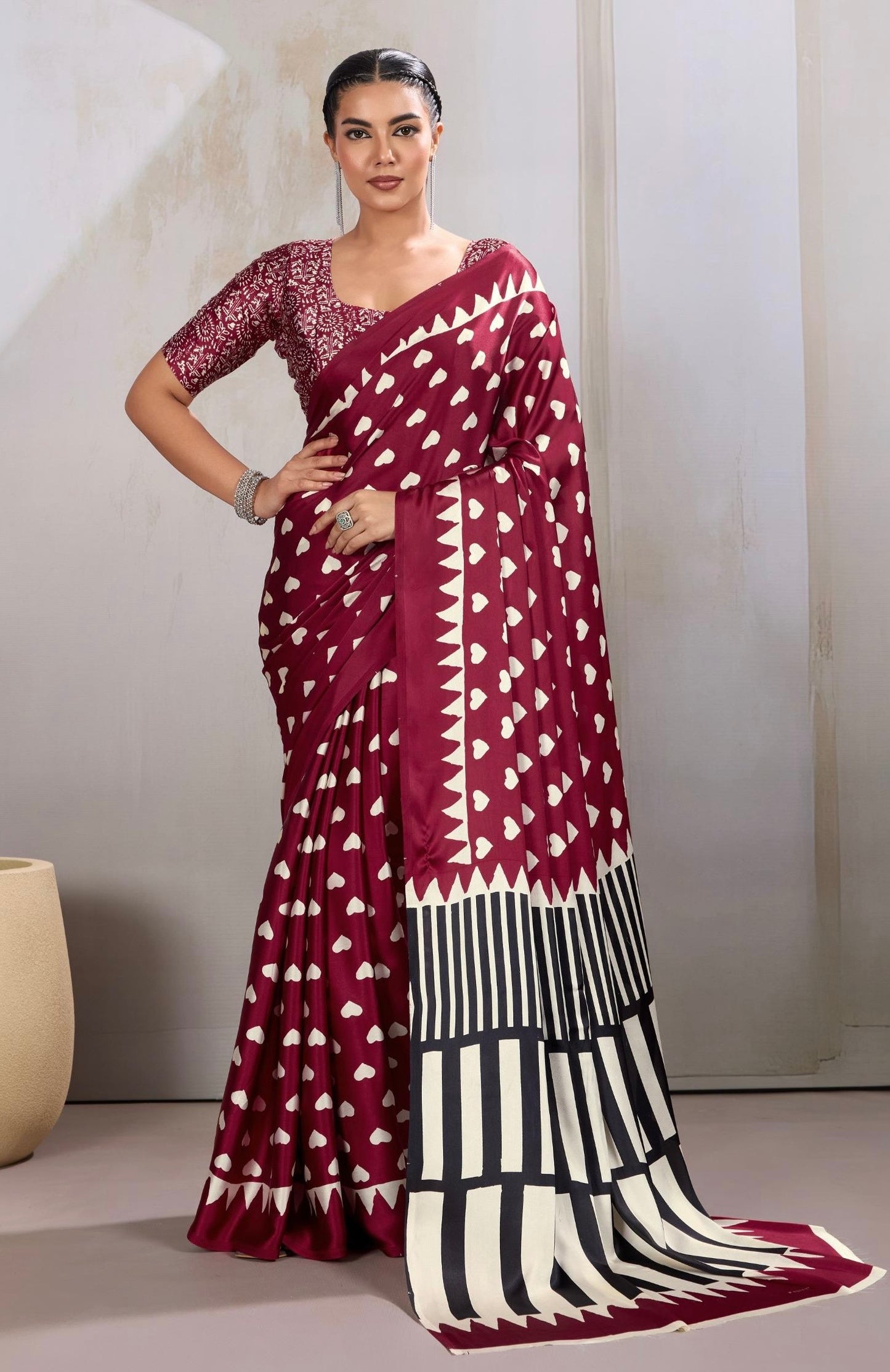 Wine Red Heart Dot Readymade Crepe Silk Saree