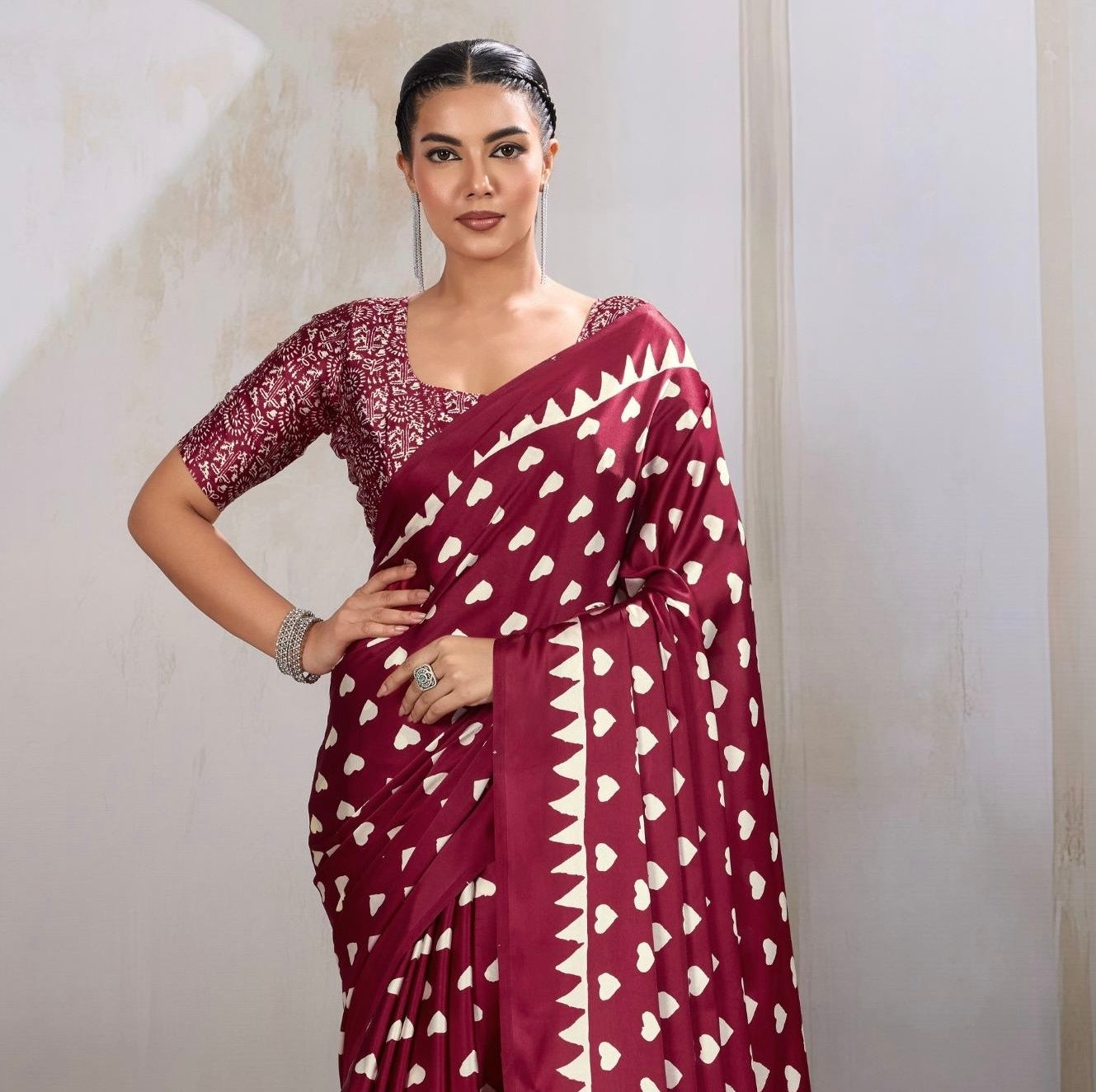 Wine Red Heart Dot Readymade Crepe Silk Saree