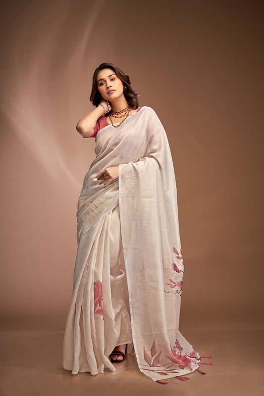 Off White Floral Crushed Tissue Silk Readymade/Easy Fancy Saree