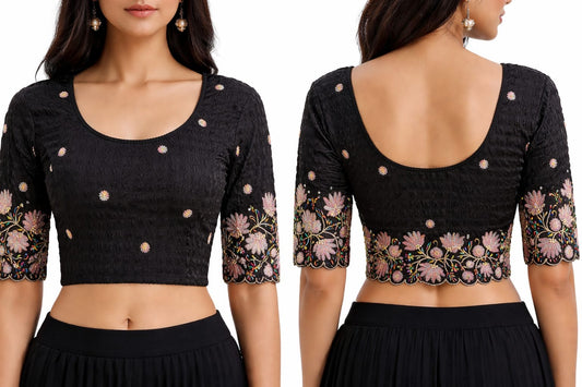 Black Floral Embroidered Stretchable Blouse - Panaash Saree