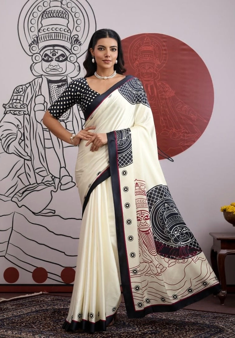 Black and White Crepe Silk Readymade/Easy Saree