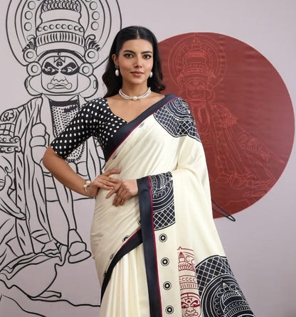 Black and White Crepe Silk Readymade/Easy Saree