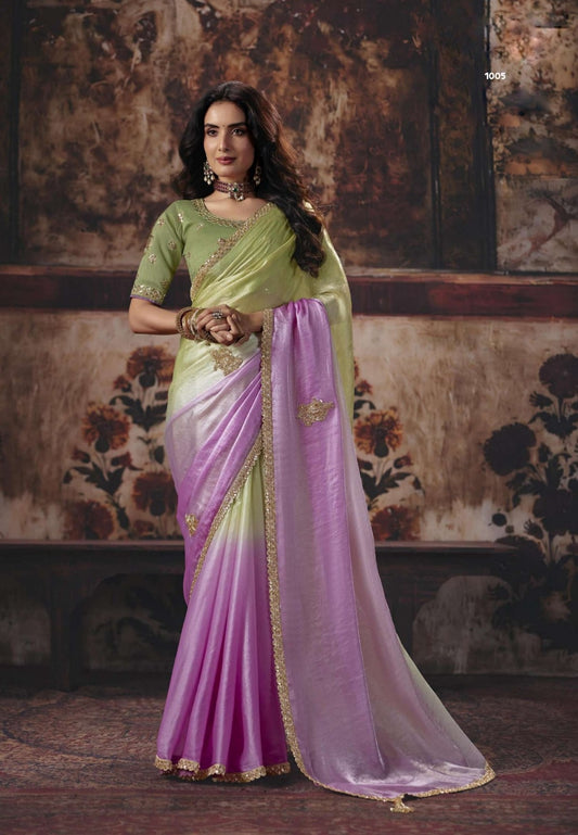 Ready-to-wear saree in pista green and lilac with gold border and short-sleeve blouse