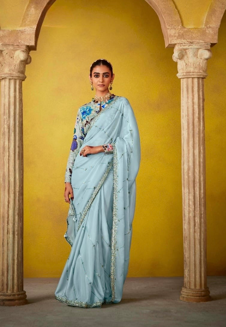 Sky Blue Color Organza Readymade/Easy Saree With Fancy Blouse Piece