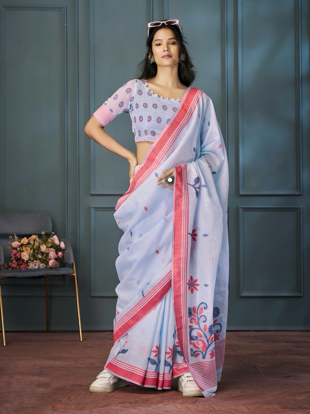 Powder Blue Color Resham Woven Cotton Office Wear Easy/Readymade Saree