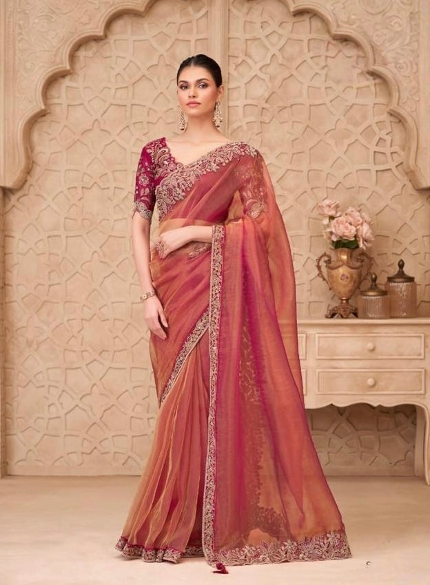 Coral Red Designer Silk Ready to wear/Easy Saree - Panaash Saree