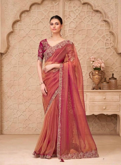 Coral Red Designer Silk Ready to wear/Easy Saree - Panaash Saree