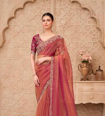 Coral Red Designer Silk Ready to wear/Easy Saree - Panaash Saree