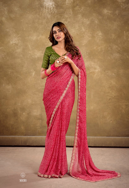 Pink & Green Color Georgette Readymade/Easy Saree