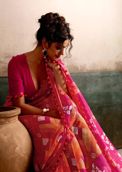 Orange Pink Mul Cotton Ready To Wear/Easy Saree