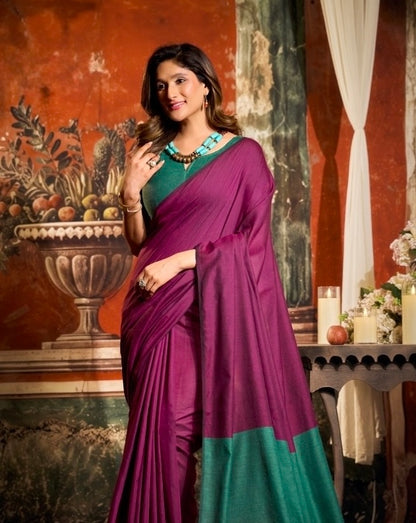 Magenta cotton easy saree with teal green border and matching blouse neckline