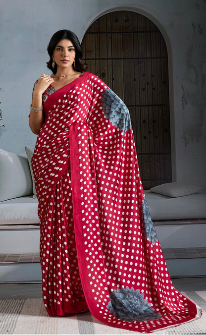 Red Crepe Silk Readymade/Easy Saree