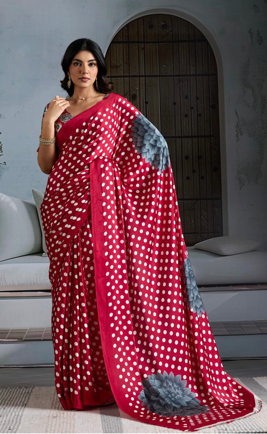 Red Crepe Silk Readymade/Easy Saree