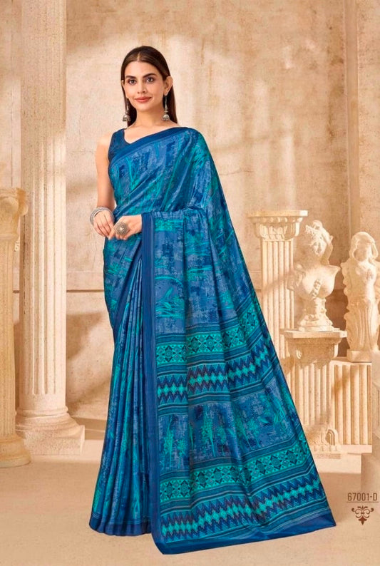 Peacock blue silk saree in ready-to-wear drape, striped and geometric border