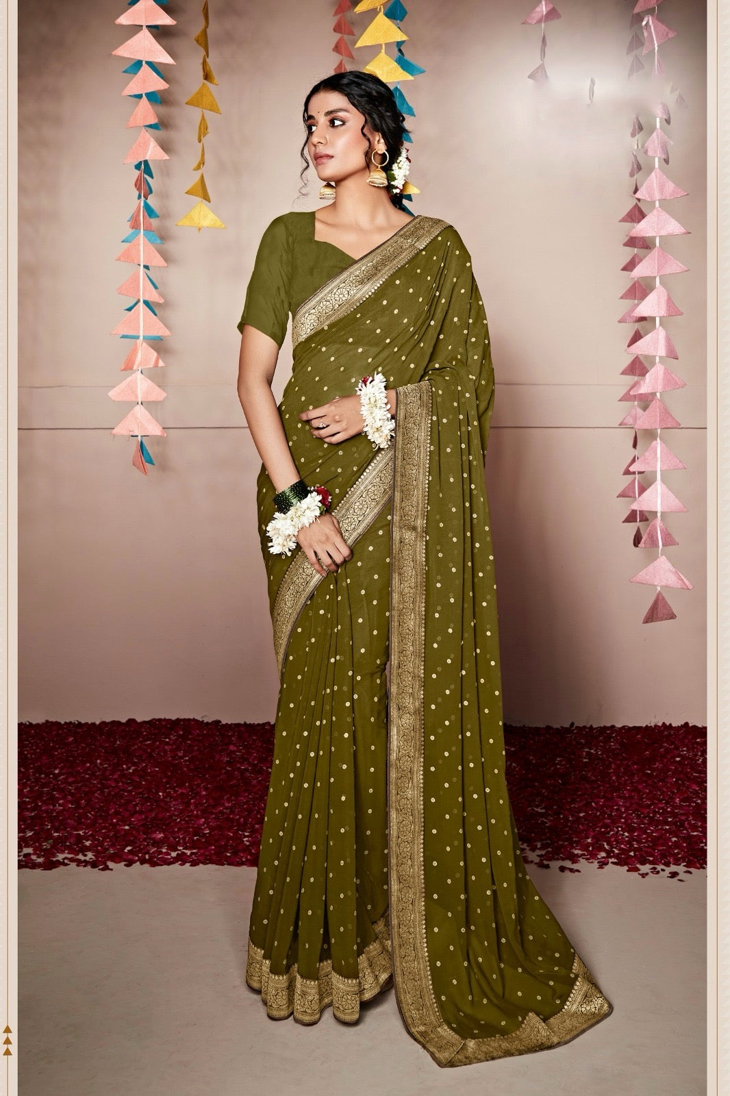 Olive Georgette Readymade Saree