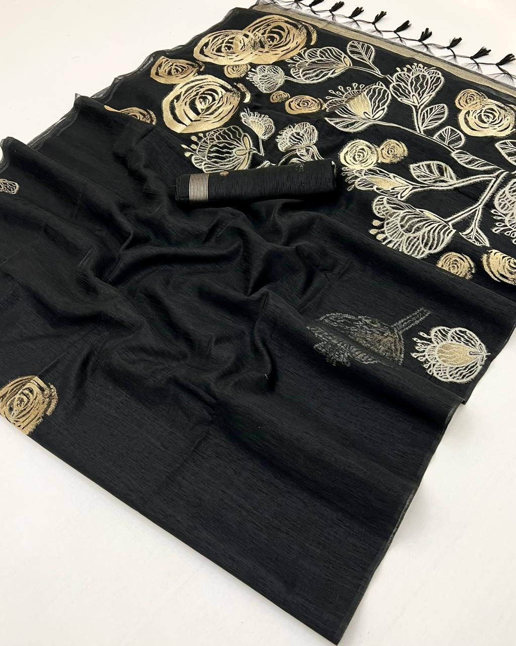 Black Munga Silk Readymade/Easy Saree - Panaash Saree