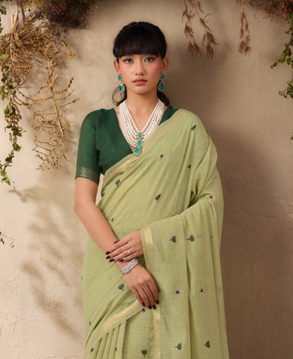 Green Color Cotton Readymade/Easy Saree