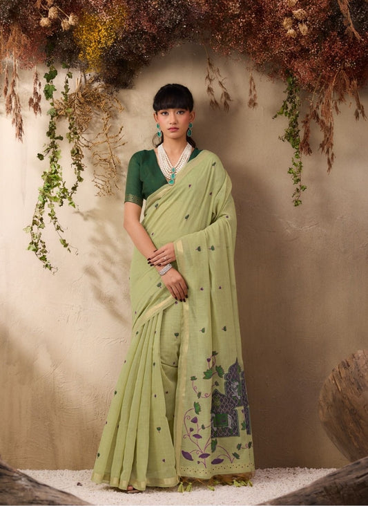 Green Color Cotton Readymade/Easy Saree