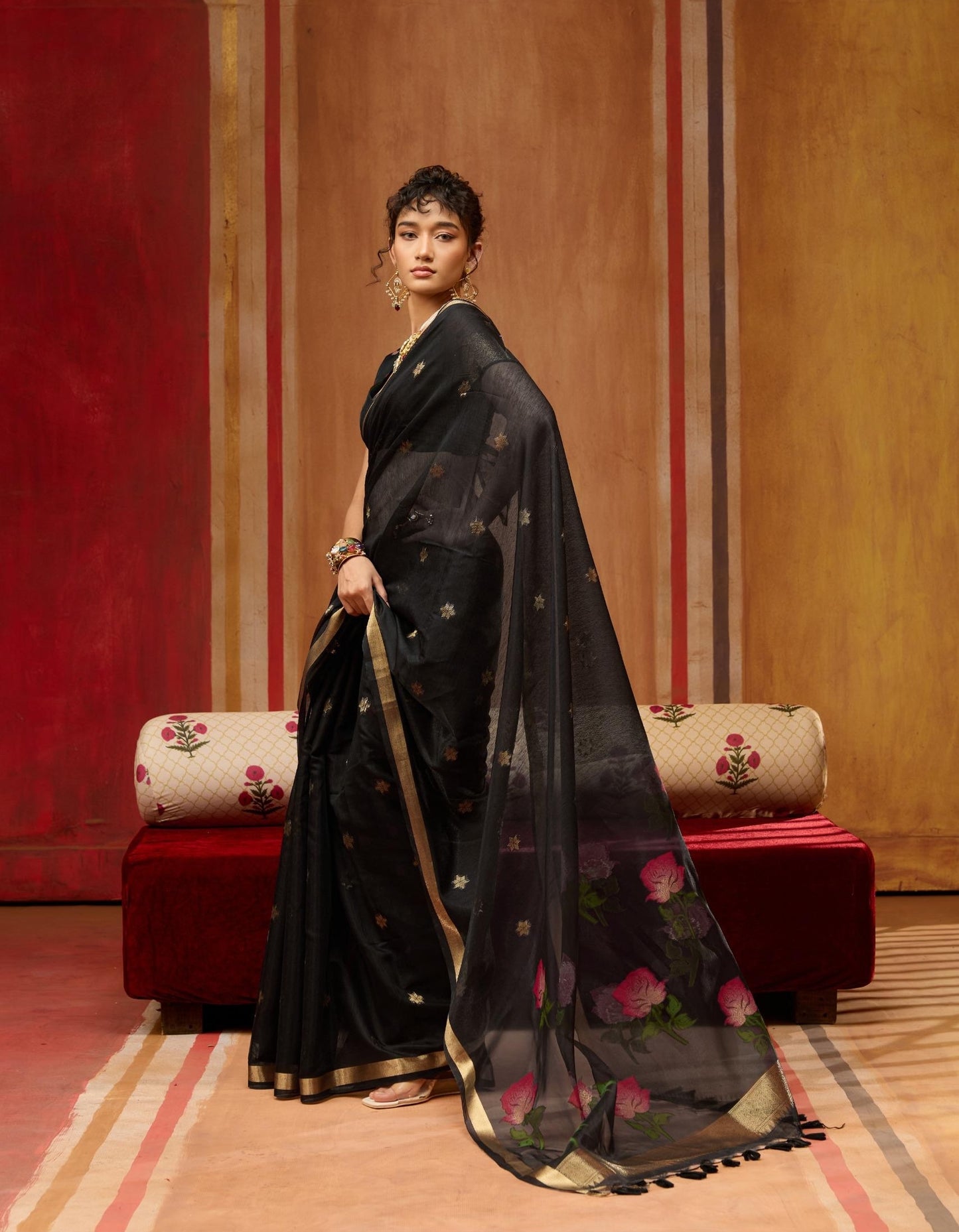 Black Cotton Readymade/Easy Saree